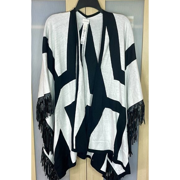 Chicos Sweater Wrap Cardigan Poncho Fringe Retro Western OS Casual Travel - Picture 1 of 4